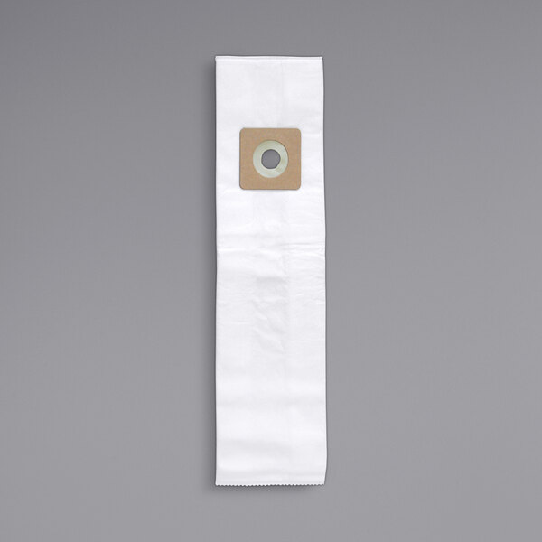 A white Powr-Flite replacement vacuum filter bag with a brown sticker.