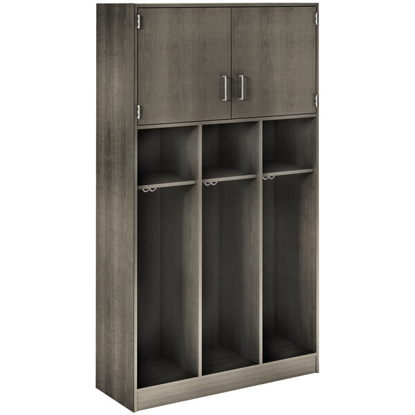 A dark elm locker with three upper doors and adjustable middle shelves.