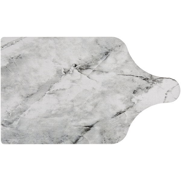 A close up of an Enjay marble and wood reversible cake board with a white handle.