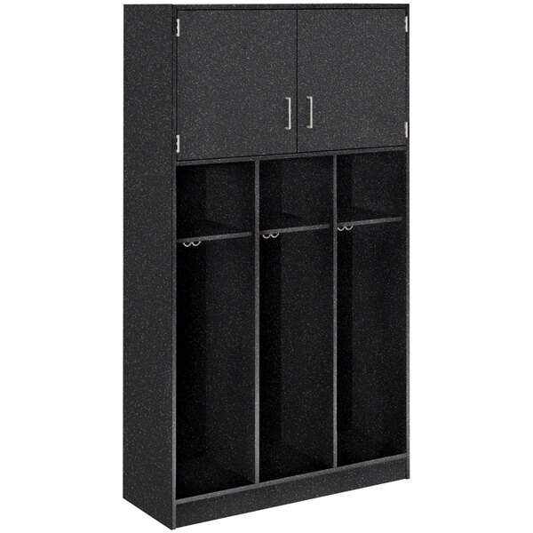 A black locker with three doors and adjustable middle shelves.