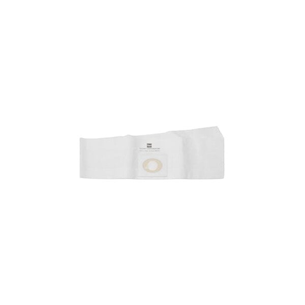A white paper bag with a circle on it.