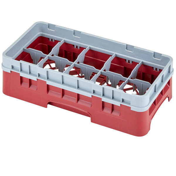A red and grey plastic Cambro glass rack with six compartments.