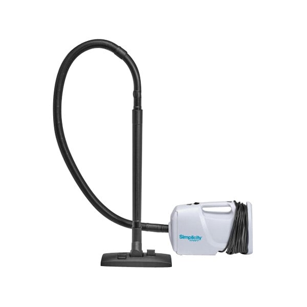 A white Simplicity Sport S100 portable canister vacuum with a black cord and tube.