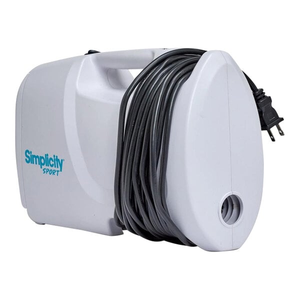 A close-up of a white Simplicity Sport S100 portable canister vacuum with black wires.