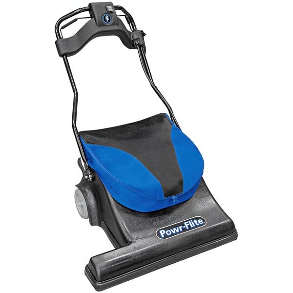 A blue and black Powr-Flite wide area vacuum cleaner with a bag.