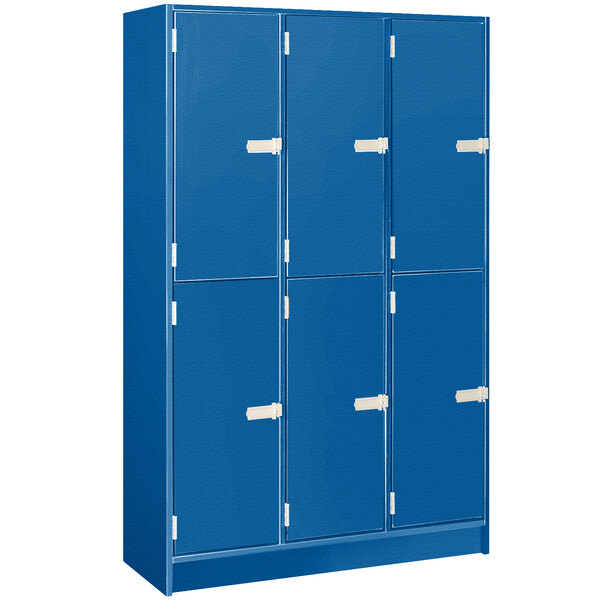 A royal blue I.D. Systems triple door locker with white handles.