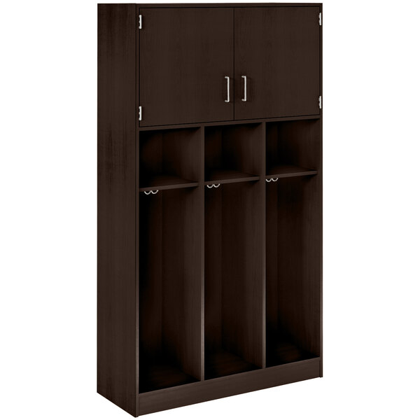 A brown I.D. Systems triple door locker with shelves.