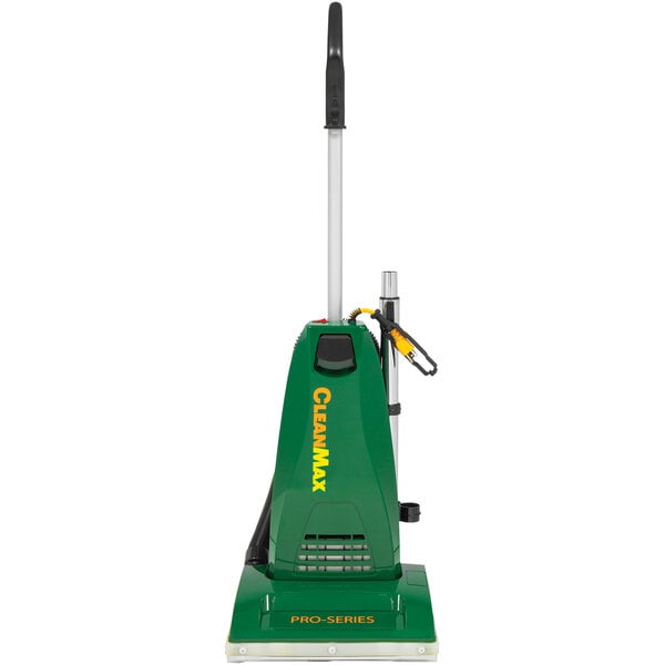 A green and yellow CleanMax Pro Series CMP-3T upright vacuum cleaner with a green handle.