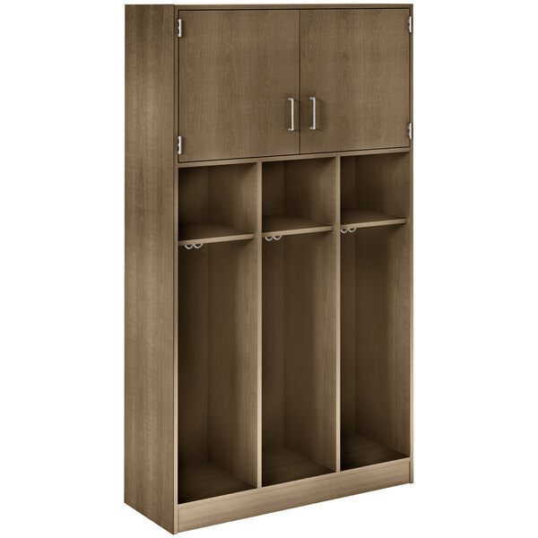 A wooden locker with three upper doors and adjustable shelves.