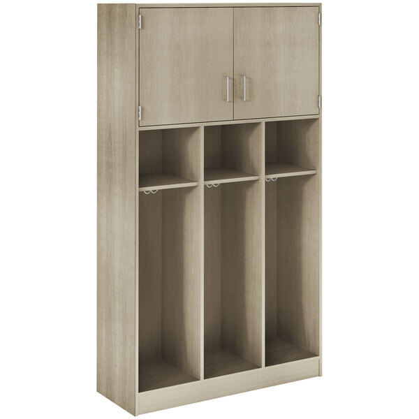 A natural elm wooden locker with three upper doors.