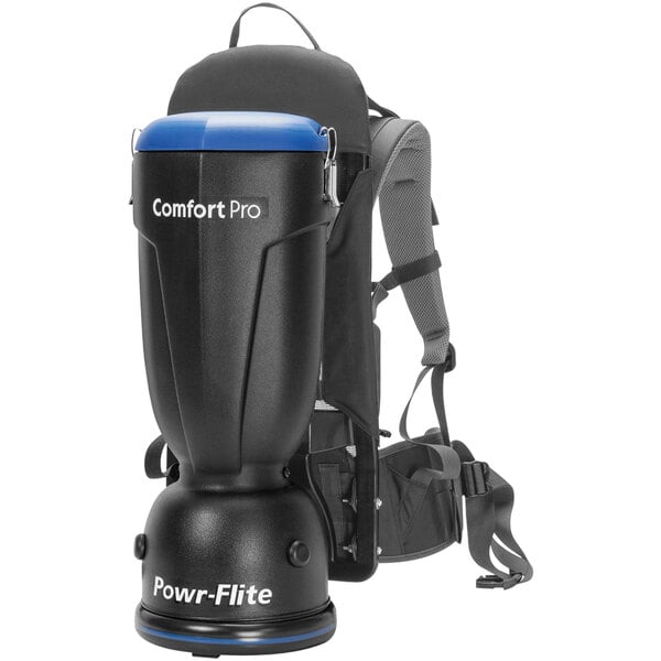 A black and blue Powr-Flite backpack vacuum with a black drum.