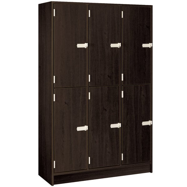 A black and brown I.D. Systems triple door locker.