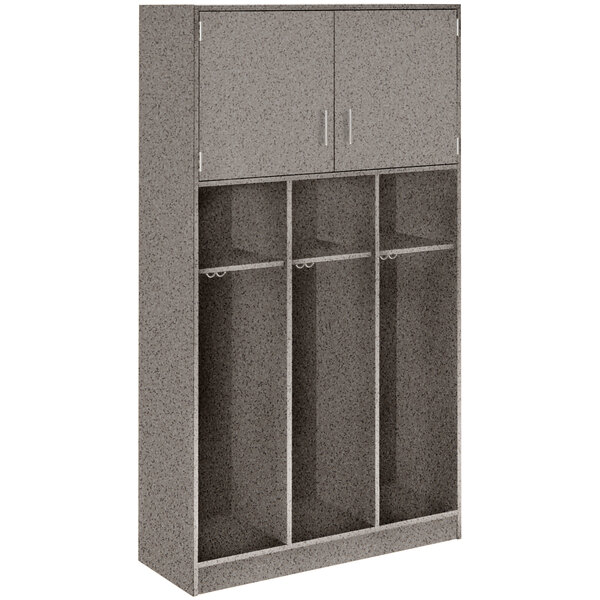 A grey locker with three upper doors and adjustable middle shelves.