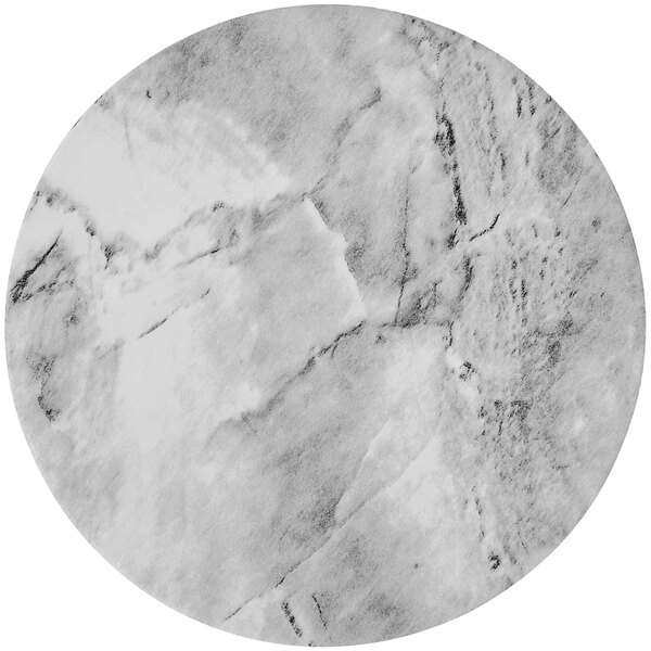 A white laminated chipboard circle with a black and white marble pattern.