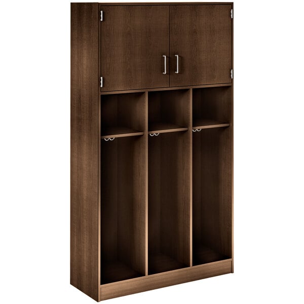 A dark walnut locker with three upper doors and adjustable shelves inside.