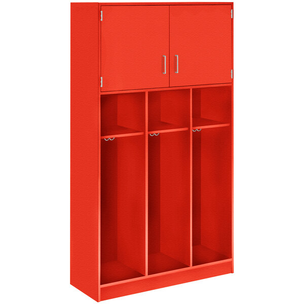 A red locker with three doors and adjustable middle shelves.