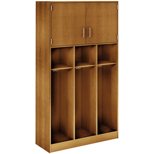 A light oak wooden locker with three upper doors and adjustable middle shelves.