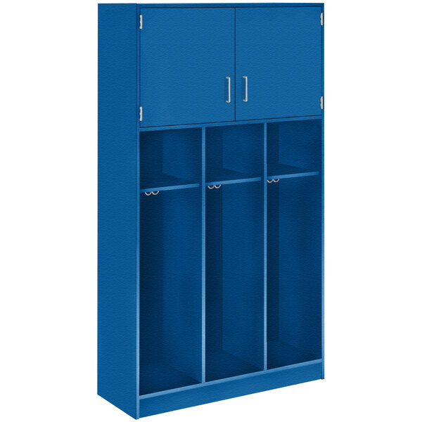 A royal blue triple upper door locker.