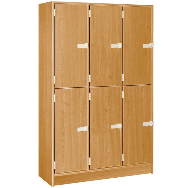 A group of I.D. Systems maple wood triple door lockers.