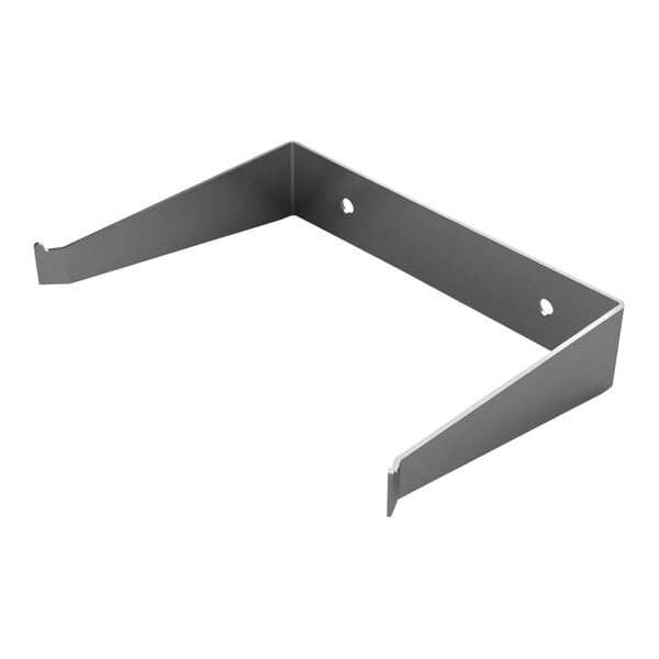 A metal shelf bracket with two holes on it.