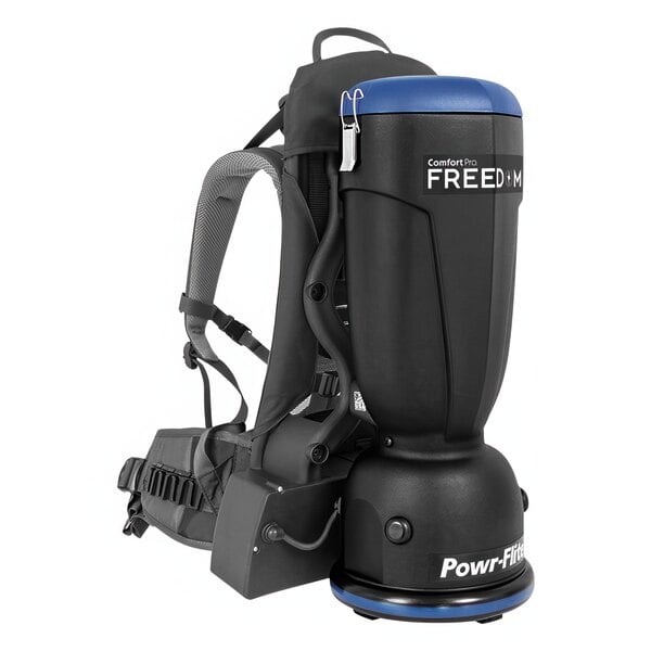 A close-up of a black and blue Powr-Flite cordless backpack vacuum.