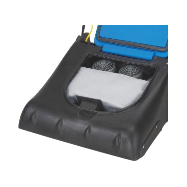 A black and blue Powr-Flite wide area vacuum cleaner with two blue bags attached.