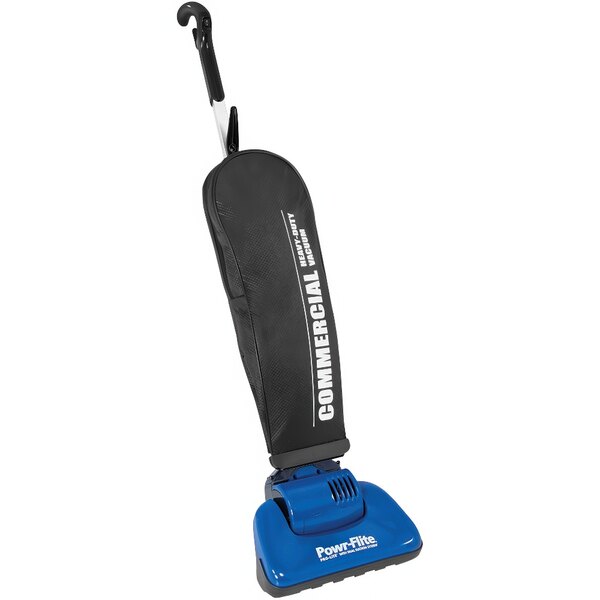 A blue and black Powr-Flite Pro-Lite upright vacuum cleaner with a black bag with white text.
