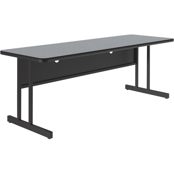 A black rectangular computer and training table with a gray granite finish top and black frame.