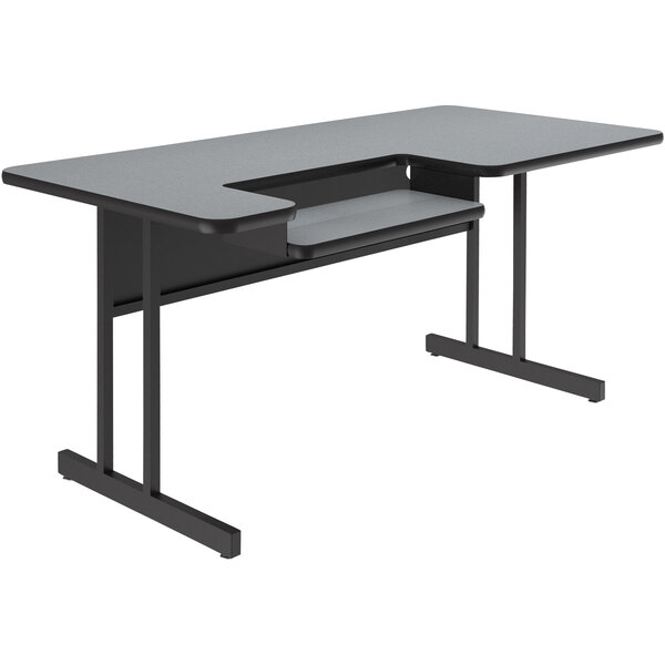 A Correll grey granite bi-level computer and training desk with grey legs.