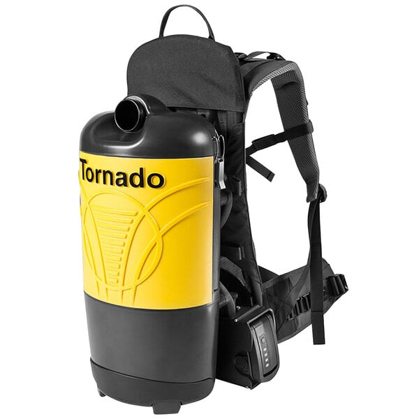 A yellow and black Tornado Roam backpack vacuum with charger.