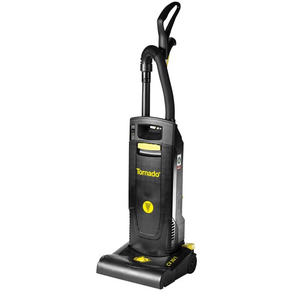 A black and yellow Tornado upright vacuum cleaner.