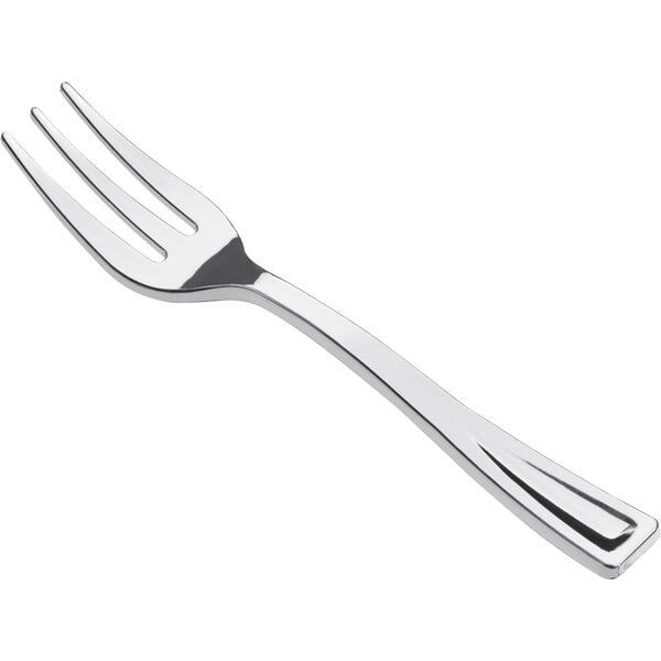 A Visions silver plastic tasting fork with a silver handle.