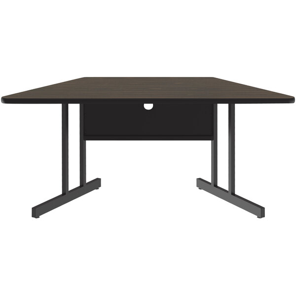 A trapezoid table with a black base and a brown top.