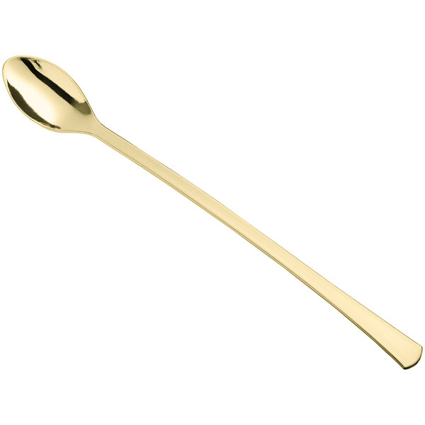 A Visions gold plastic tasting spoon with a long handle.