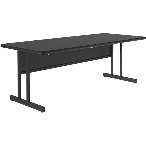 A black rectangular Correll computer and training desk with black legs and a granite finish top.