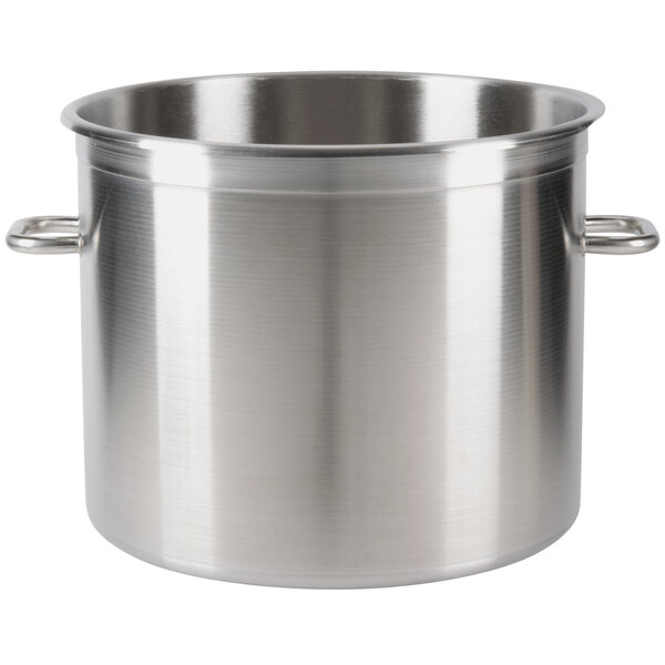 A large stainless steel bowl with handles.