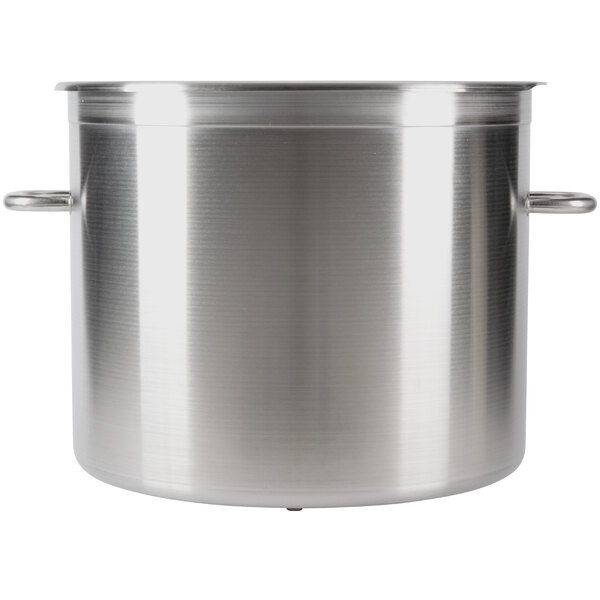 A stainless steel bowl assembly with two handles.