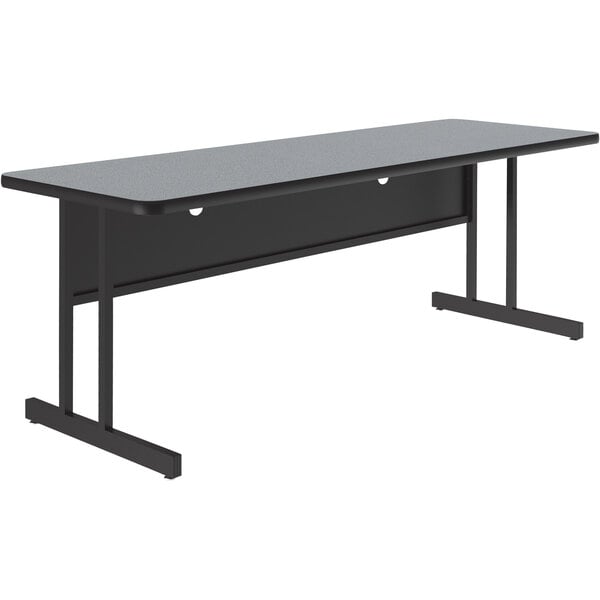 A black rectangular table with a gray granite finish top and black frame.