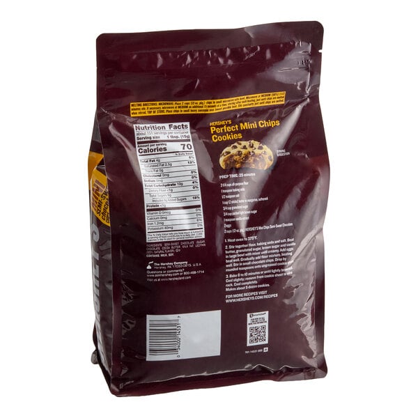 A resealable bag of HERSHEY'S Semi-Sweet Mini Baking Chips weighing 5 pounds.