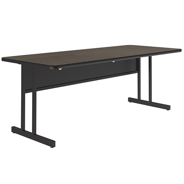 A black rectangular table with a brown Correll desk top.