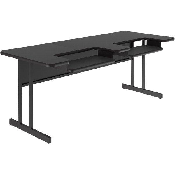 A black Correll computer and training desk with two shelves.