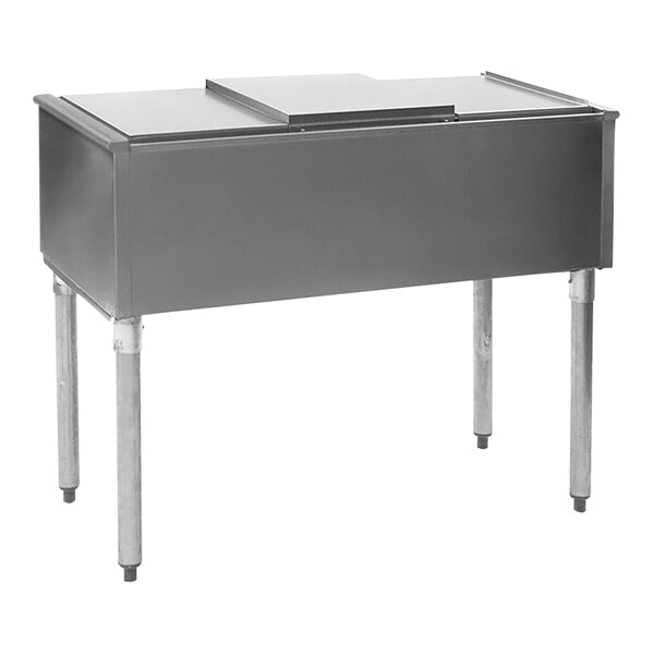 A rectangular stainless steel Eagle Group pass-through ice chest on a counter.