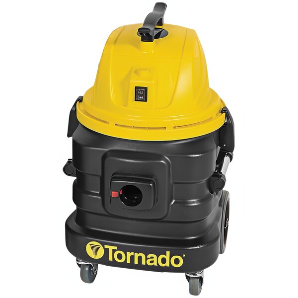 A black and yellow Tornado wet/dry vacuum with tools.