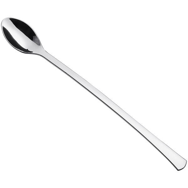 A Visions silver plastic tasting spoon with a long handle.