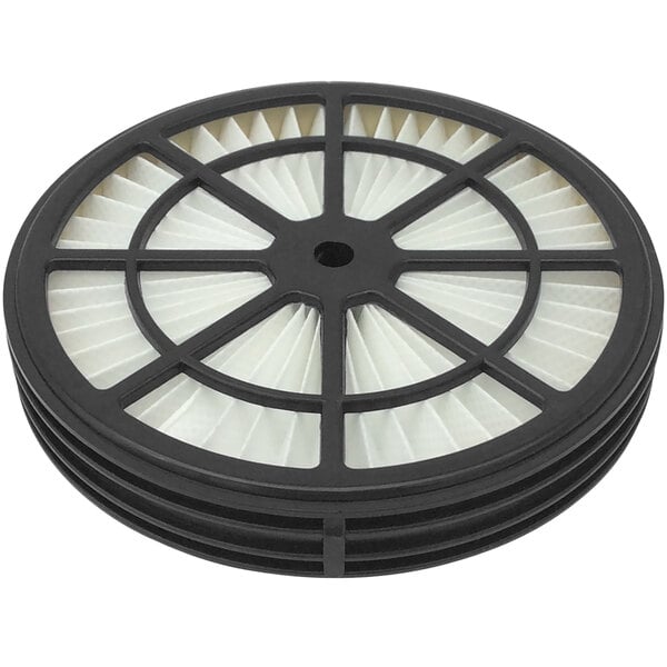 A stack of black and white circular Tornado HEPA filters.