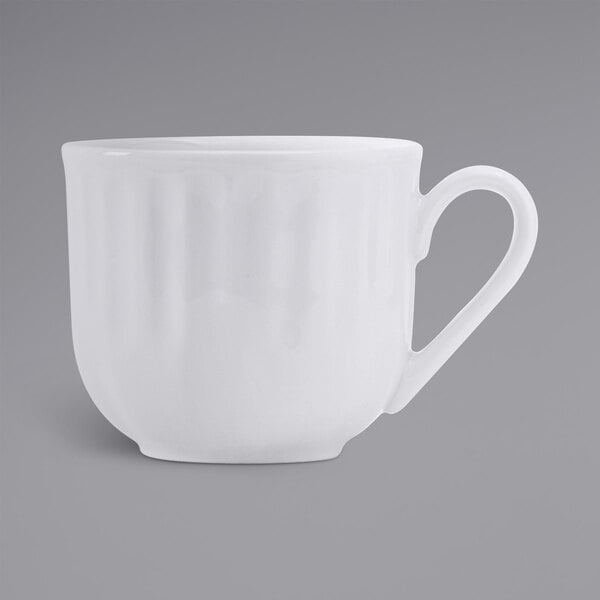 A Tuxton TuxTrendz bright white china cup with a handle.