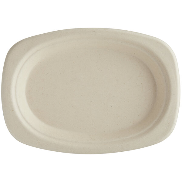 A white oval World Centric compostable fiber plate.