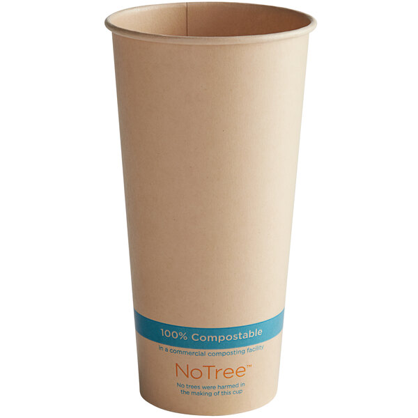 A brown paper World Centric cold cup with blue text.