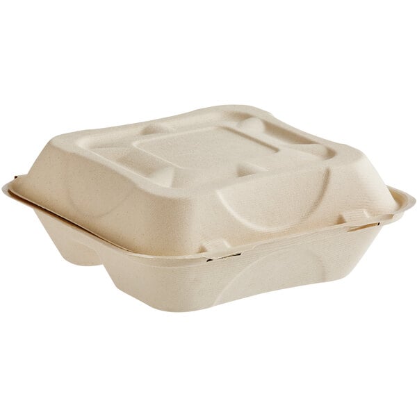 A World Centric 3-compartment compostable fiber clamshell container with a lid.