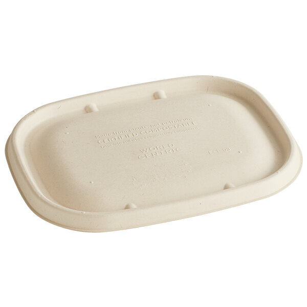 A white rectangular World Centric compostable PLA lined fiber lid with text on it.